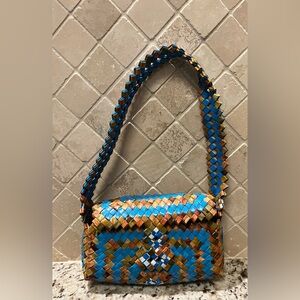 Handmade Colorful Recycled Plastic Wrapper Shoulder Bag Blue Tan